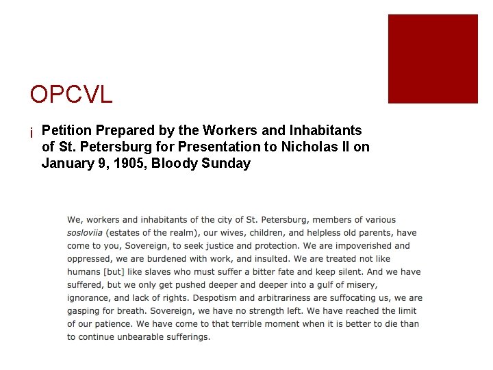OPCVL ¡ Petition Prepared by the Workers and Inhabitants of St. Petersburg for Presentation