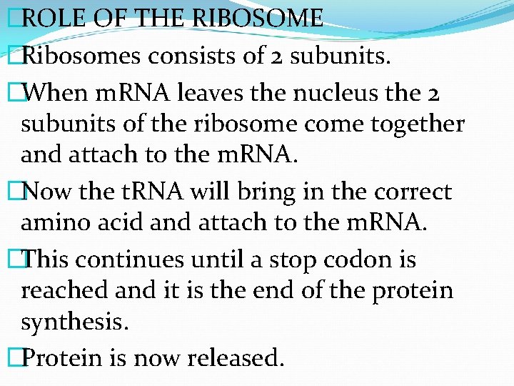 �ROLE OF THE RIBOSOME �Ribosomes consists of 2 subunits. �When m. RNA leaves the