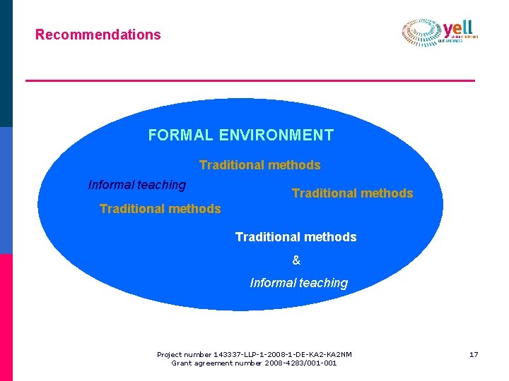 Recommendations FORMAL ENVIRONMENT Traditional methods Informal teaching Traditional methods & Informal teaching Project number