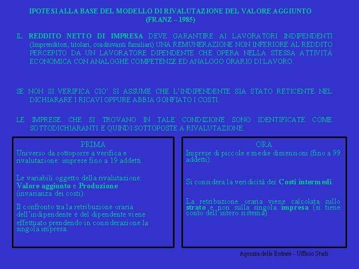 IPOTESI ALLA BASE DEL MODELLO DI RIVALUTAZIONE DEL VALORE AGGIUNTO (FRANZ – 1985) IL