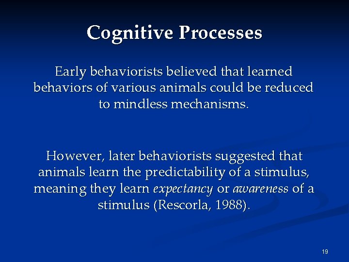 Cognitive Processes Early behaviorists believed that learned behaviors of various animals could be reduced