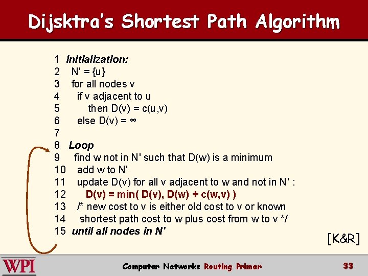 Dijsktra’s Shortest Path Algorithm 1 Initialization: 2 N' = {u} 3 for all nodes