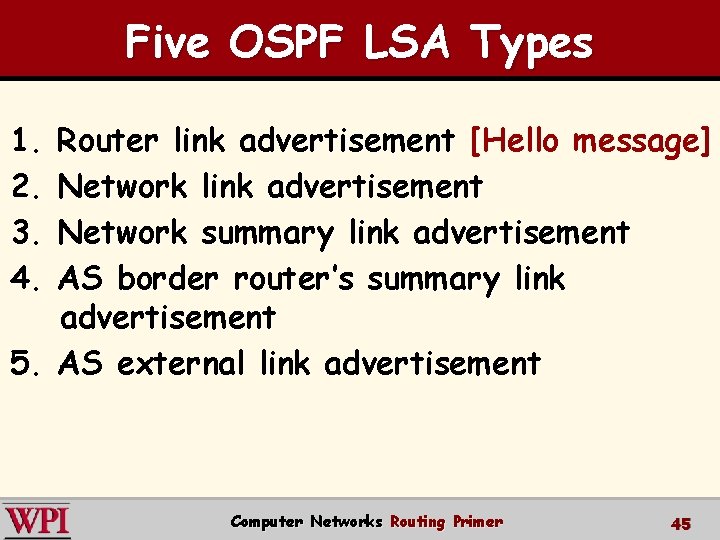 Five OSPF LSA Types 1. 2. 3. 4. Router link advertisement [Hello message] Network