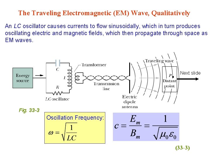 The Traveling Electromagnetic (EM) Wave, Qualitatively An LC oscillator causes currents to flow sinusoidally,