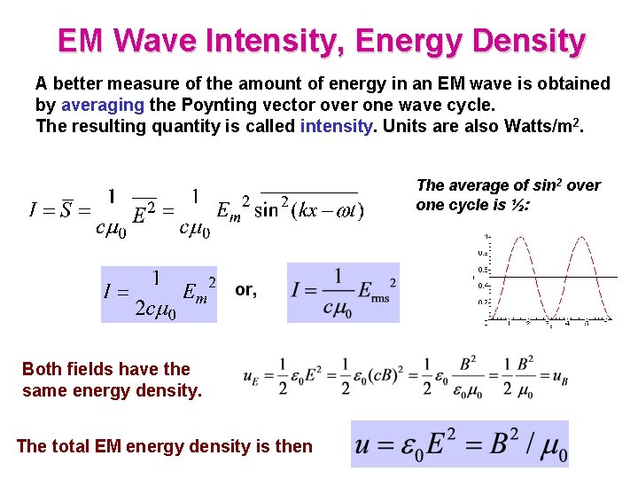 EM Wave Intensity, Energy Density A better measure of the amount of energy in