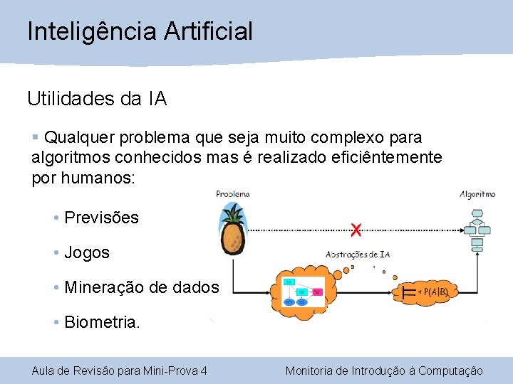 Inteligência Artificial Utilidades da IA § Qualquer problema que seja muito complexo para algoritmos Inteligência Artificial Utilidades da IA § Qualquer problema que seja muito complexo para algoritmos