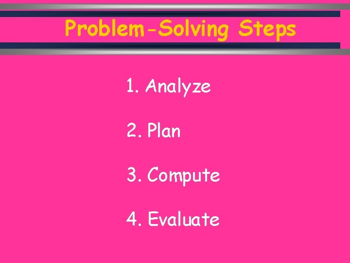 Problem-Solving Steps 1. Analyze 2. Plan 3. Compute 4. Evaluate C. Johannesson 