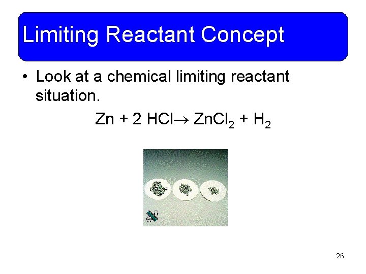 Limiting Reactant Concept • Look at a chemical limiting reactant situation. Zn + 2