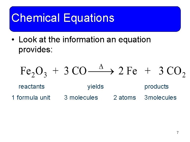 Chemical Equations • Look at the information an equation provides: reactants 1 formula unit