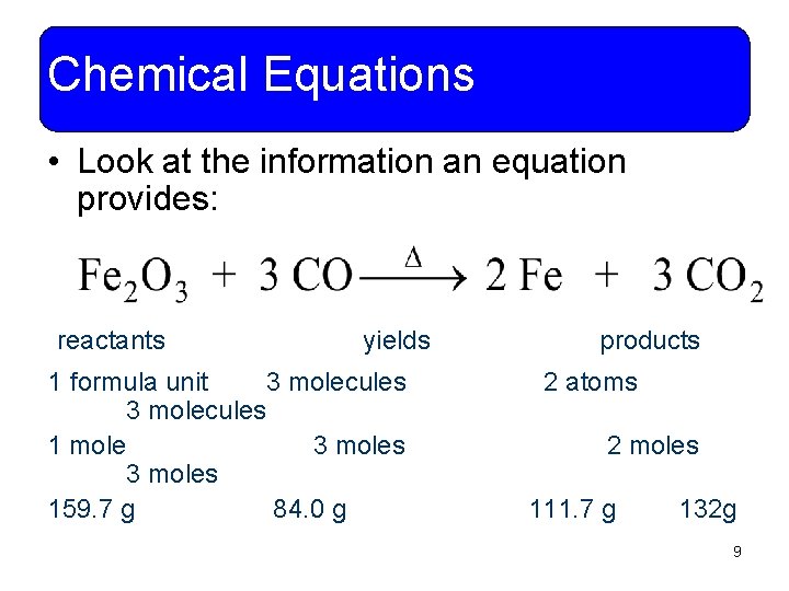 Chemical Equations • Look at the information an equation provides: reactants yields 1 formula