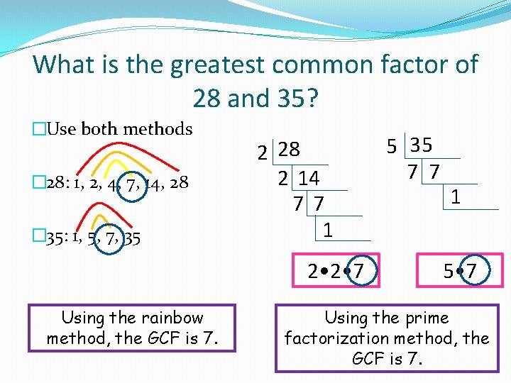 What is the greatest common factor of 28 and 35? �Use both methods �