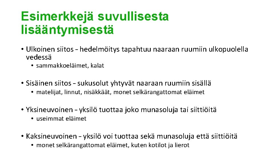 Esimerkkejä suvullisesta lisääntymisestä • Ulkoinen siitos – hedelmöitys tapahtuu naaraan ruumiin ulkopuolella vedessä •