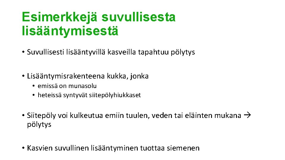 Esimerkkejä suvullisesta lisääntymisestä • Suvullisesti lisääntyvillä kasveilla tapahtuu pölytys • Lisääntymisrakenteena kukka, jonka •