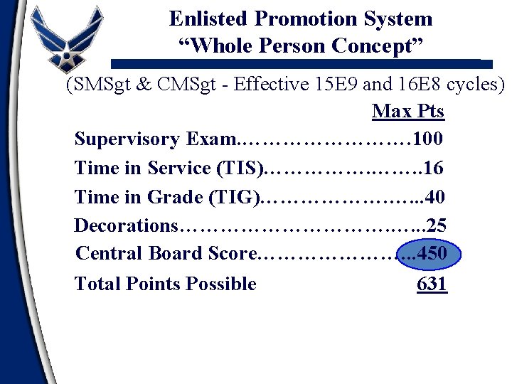 Enlisted Promotion System “Whole Person Concept” (SMSgt & CMSgt - Effective 15 E 9