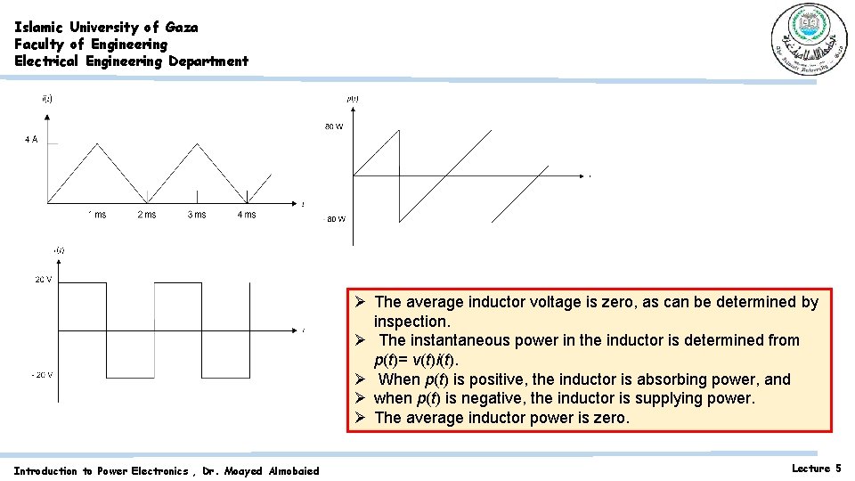 Islamic University of Gaza Faculty of Engineering Electrical Engineering Department Ø The average inductor