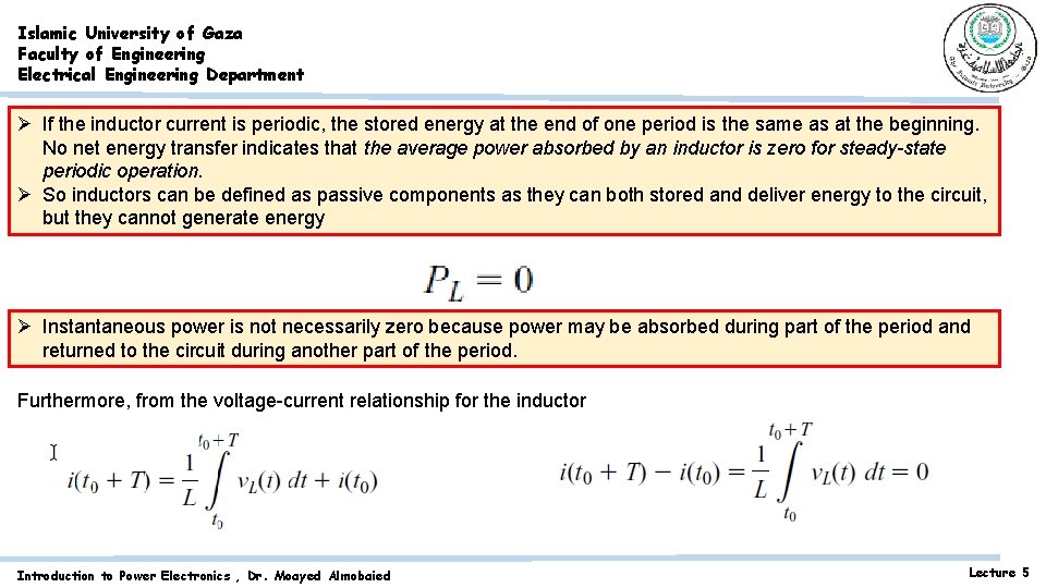 Islamic University of Gaza Faculty of Engineering Electrical Engineering Department Ø If the inductor