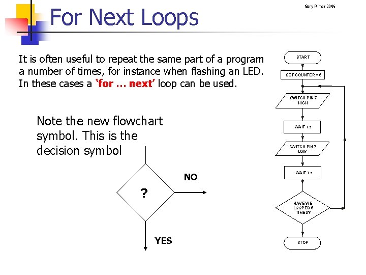 For Next Loops It is often useful to repeat the same part of a