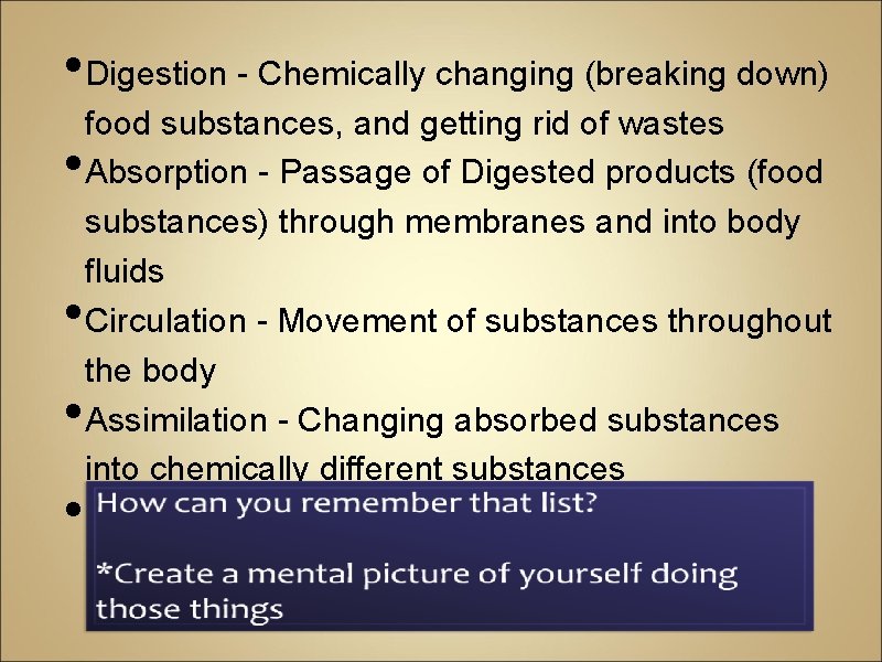  • Digestion - Chemically changing (breaking down) • • food substances, and getting