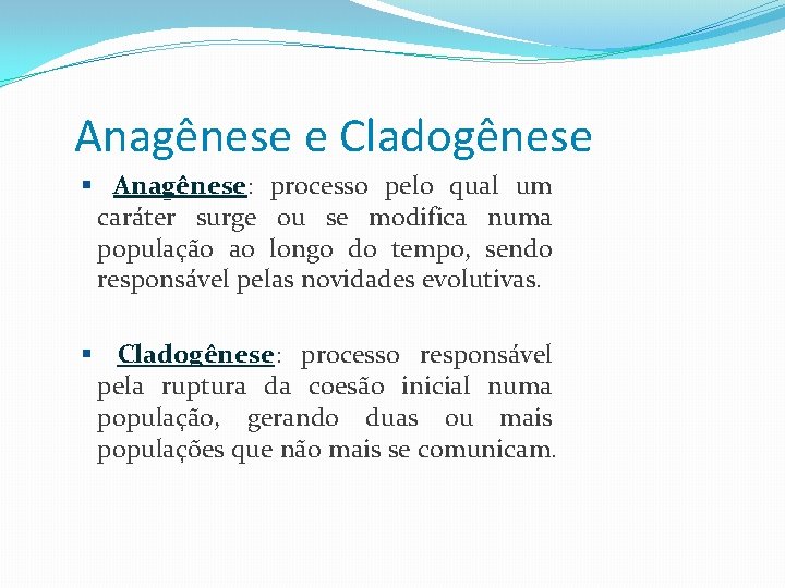 Anagênese e Cladogênese Anagênese: Anagênese processo pelo qual um caráter surge ou se modifica Anagênese e Cladogênese Anagênese: Anagênese processo pelo qual um caráter surge ou se modifica