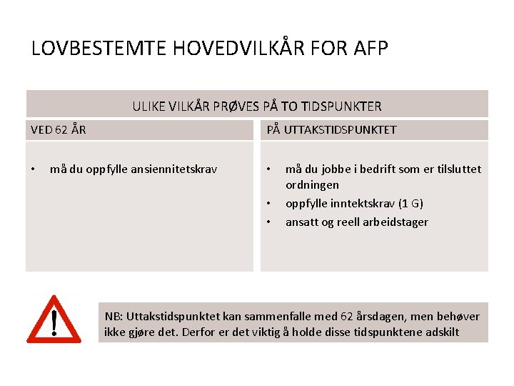 LOVBESTEMTE HOVEDVILKÅR FOR AFP ULIKE VILKÅR PRØVES PÅ TO TIDSPUNKTER VED 62 ÅR •