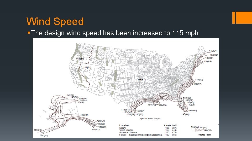 Wind Speed § The design wind speed has been increased to 115 mph. Wind Speed § The design wind speed has been increased to 115 mph.