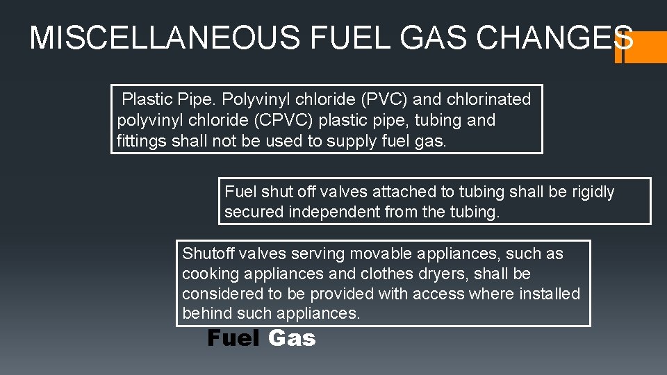 MISCELLANEOUS FUEL GAS CHANGES Plastic Pipe. Polyvinyl chloride (PVC) and chlorinated polyvinyl chloride (CPVC) MISCELLANEOUS FUEL GAS CHANGES Plastic Pipe. Polyvinyl chloride (PVC) and chlorinated polyvinyl chloride (CPVC)