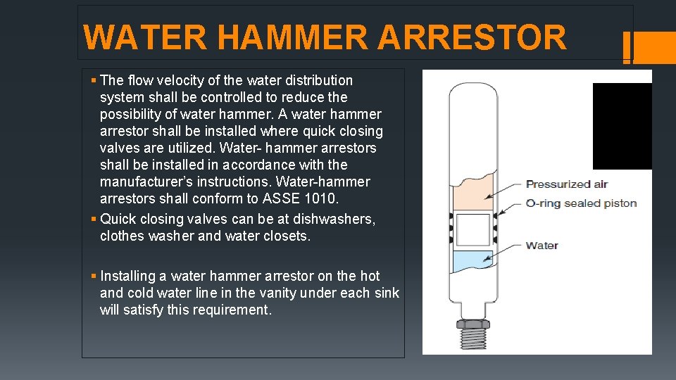 WATER HAMMER ARRESTOR § The flow velocity of the water distribution system shall be WATER HAMMER ARRESTOR § The flow velocity of the water distribution system shall be