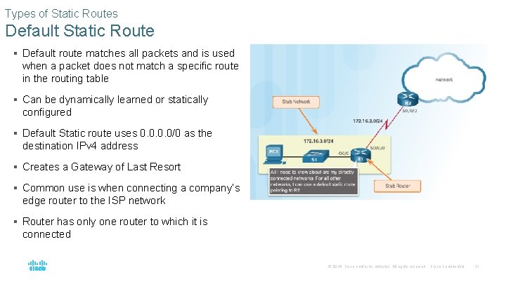 Types of Static Routes Default Static Route § Default route matches all packets and