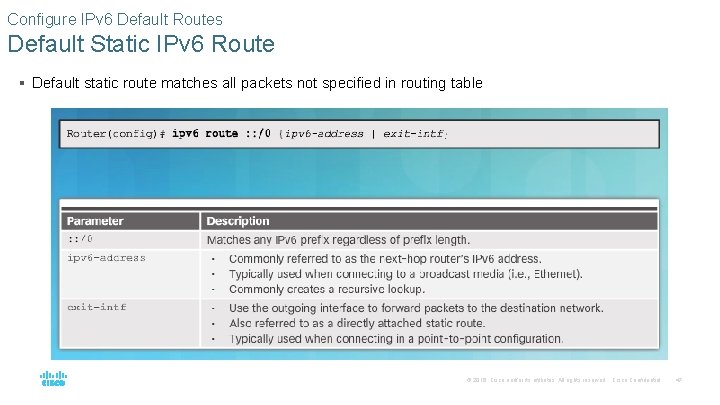 Configure IPv 6 Default Routes Default Static IPv 6 Route § Default static route