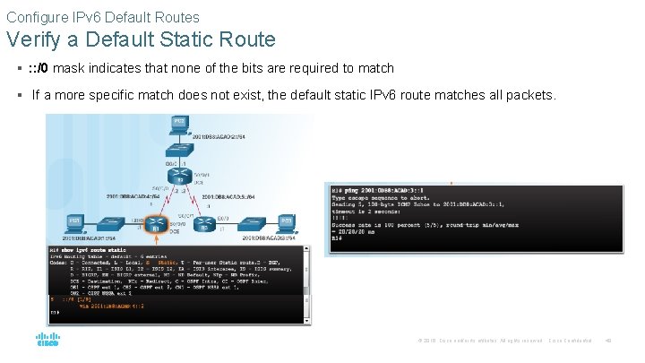 Configure IPv 6 Default Routes Verify a Default Static Route § : : /0