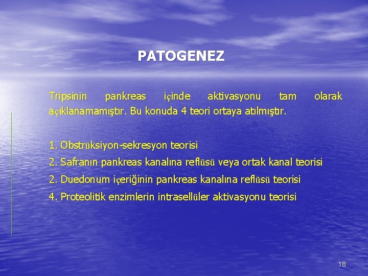 PATOGENEZ Tripsinin pankreas içinde aktivasyonu tam açıklanamamıştır. Bu konuda 4 teori ortaya atılmıştır. olarak