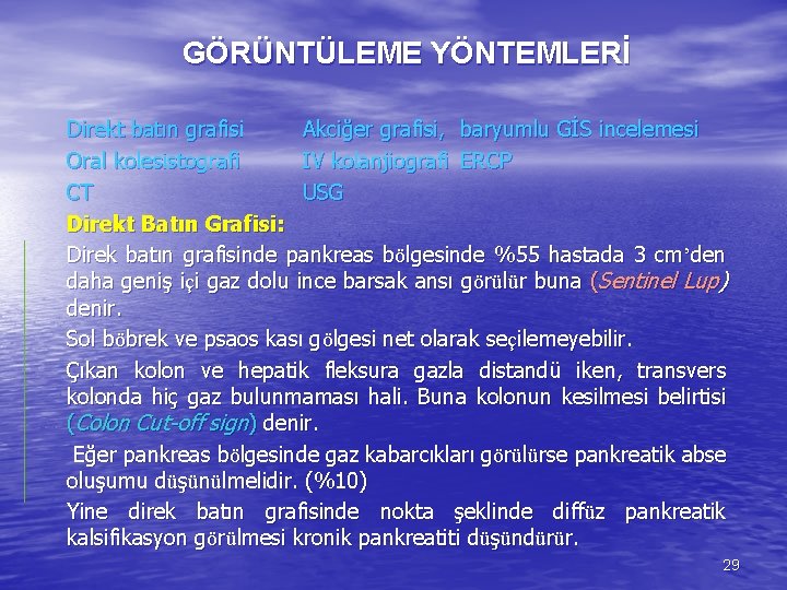 GÖRÜNTÜLEME YÖNTEMLERİ Direkt batın grafisi Akciğer grafisi, baryumlu GİS incelemesi Oral kolesistografi IV kolanjiografi
