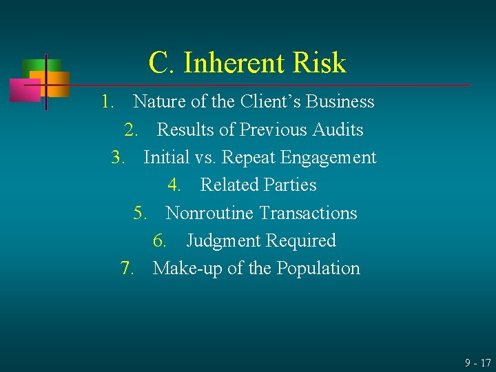 C. Inherent Risk 1. Nature of the Client’s Business 2. Results of Previous Audits