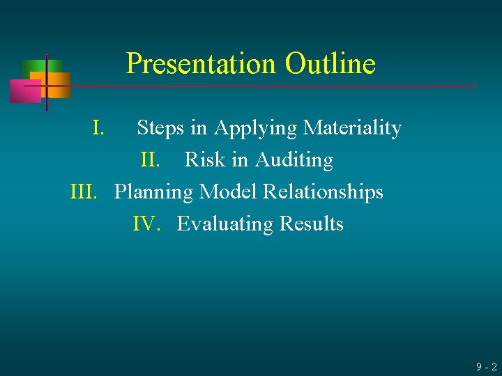 Presentation Outline I. Steps in Applying Materiality II. Risk in Auditing III. Planning Model