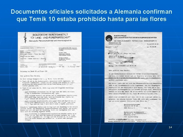 Documentos oficiales solicitados a Alemania confirman que Temik 10 estaba prohibido hasta para las Documentos oficiales solicitados a Alemania confirman que Temik 10 estaba prohibido hasta para las