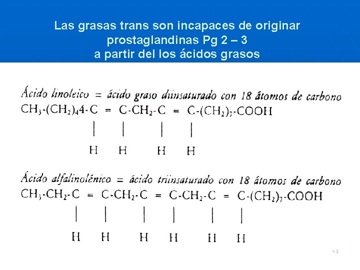 Las grasas trans son incapaces de originar prostaglandinas Pg 2 – 3 a partir Las grasas trans son incapaces de originar prostaglandinas Pg 2 – 3 a partir