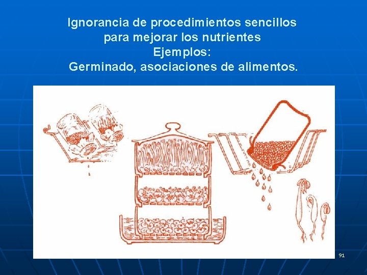 Ignorancia de procedimientos sencillos para mejorar los nutrientes Ejemplos: Germinado, asociaciones de alimentos. 91 Ignorancia de procedimientos sencillos para mejorar los nutrientes Ejemplos: Germinado, asociaciones de alimentos. 91