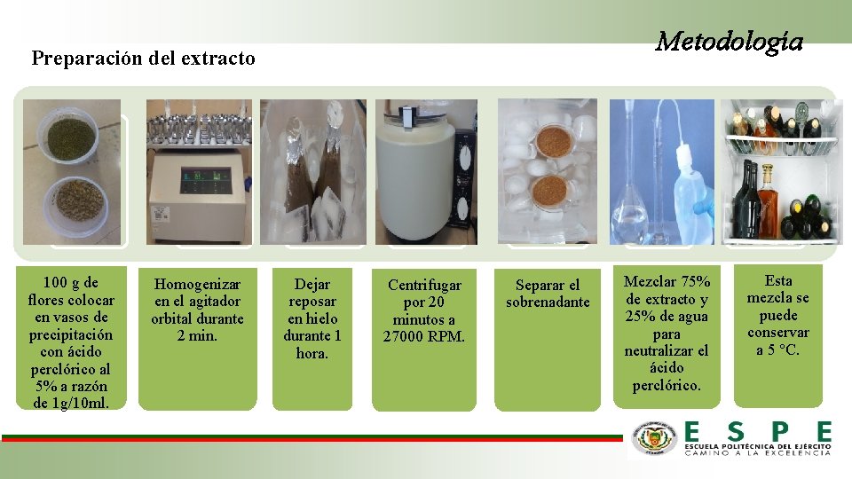 Metodología Preparación del extracto 100 g de flores colocar en vasos de precipitación con