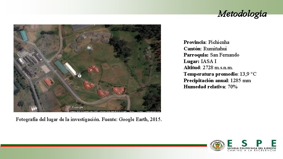 Metodología Provincia: Pichicnha Cantón: Rumiñahui Parroquia: San Fernando Lugar: IASA I Altitud: 2728 m.