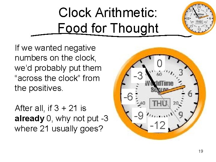 Clock Arithmetic: Food for Thought If we wanted negative numbers on the clock, we’d