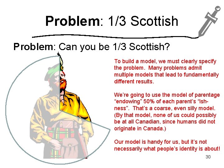 Problem: 1/3 Scottish Problem: Can you be 1/3 Scottish? To build a model, we