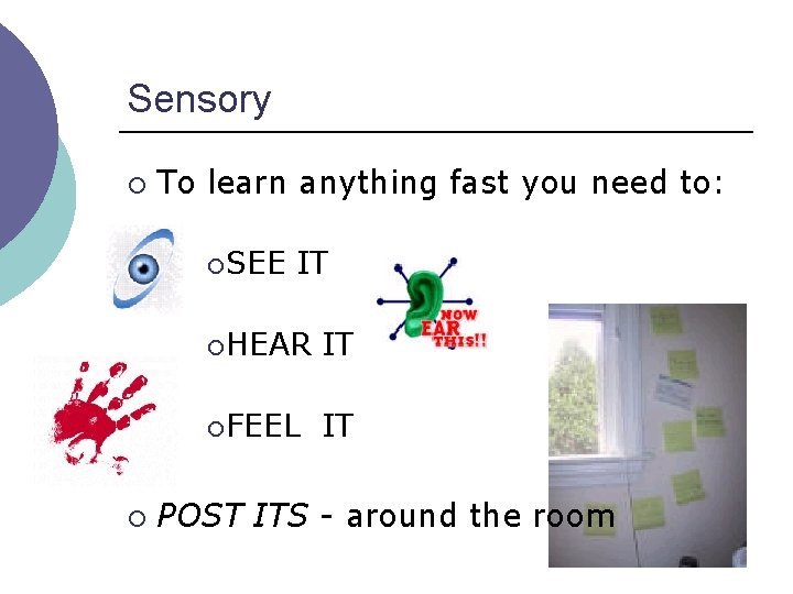 Sensory ¡ To learn anything fast you need to: ¡ SEE ¡ IT ¡