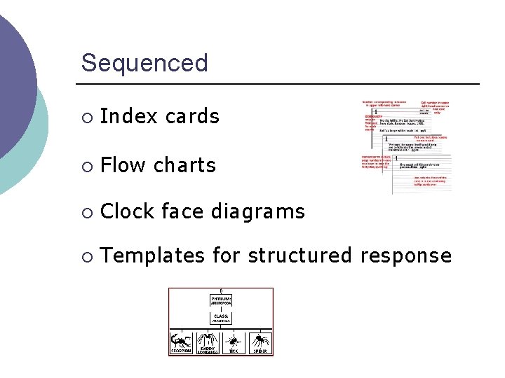 Sequenced ¡ Index cards ¡ Flow charts ¡ Clock face diagrams ¡ Templates for