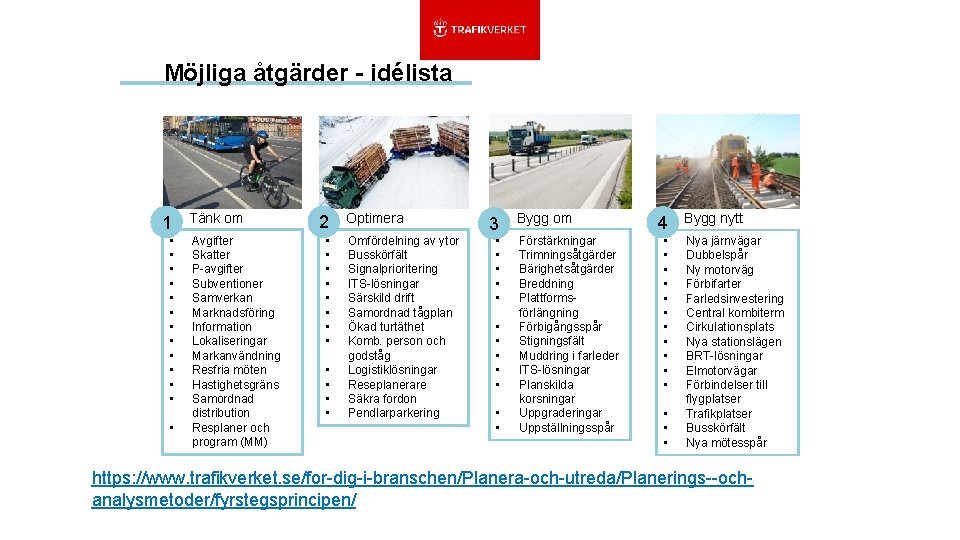 Möjliga åtgärder - idélista 1 Tänk om • • • • Avgifter Skatter P-avgifter