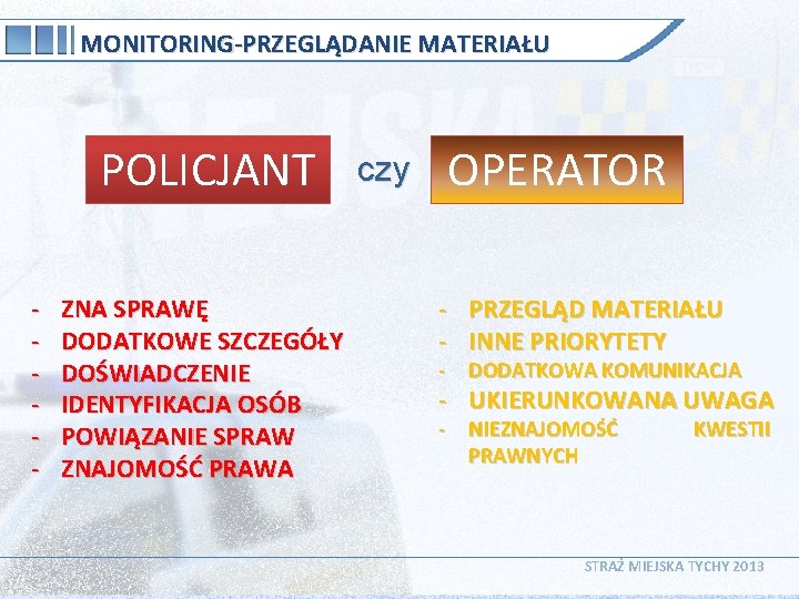 MONITORING-PRZEGLĄDANIE MATERIAŁU POLICJANT - ZNA SPRAWĘ DODATKOWE SZCZEGÓŁY DOŚWIADCZENIE IDENTYFIKACJA OSÓB POWIĄZANIE SPRAW ZNAJOMOŚĆ