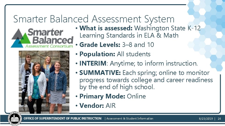 Smarter Balanced Assessment System • What is assessed: Washington State K-12 Learning Standards in