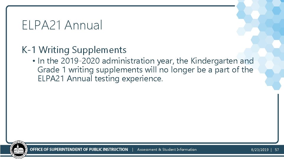 ELPA 21 Annual K-1 Writing Supplements • In the 2019 -2020 administration year, the