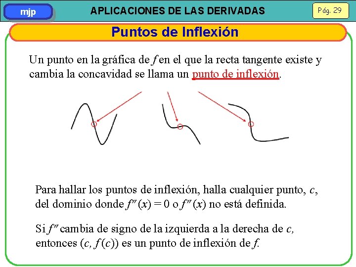 mjp APLICACIONES DE LAS DERIVADAS Pág. 29 Puntos de Inflexión Un punto en la