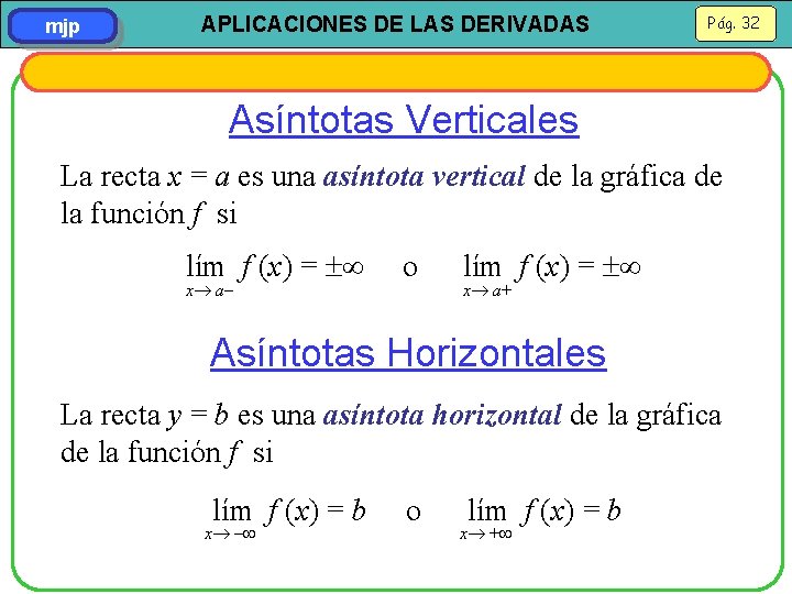 mjp APLICACIONES DE LAS DERIVADAS Pág. 32 Asíntotas Verticales La recta x = a