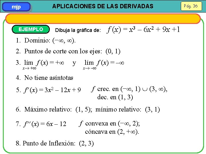 APLICACIONES DE LAS DERIVADAS mjp EJEMPLO Dibuja la gráfica de: f (x) = x